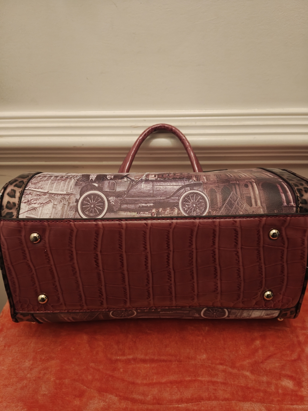 Nicole Lee London Print Dome Satchel - Maroon, Tan & Gold Accents - Picture 8 of 9